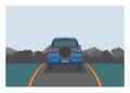 Car carrying spare tire passing narrow road with forest background. Simple flat illustration