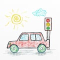 Car cartoon, Kids drawing style illustration. Crayon art Royalty Free Stock Photo