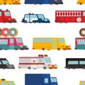 Car cartoon seamless pattern. Fire engine and police car. ambulance and taxi. Fast food truck. vector illustration Royalty Free Stock Photo