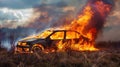 the car caught fire in a field with a strong flame Royalty Free Stock Photo