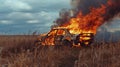 the car caught fire in a field with a strong flame Royalty Free Stock Photo