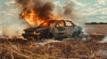the car caught fire in a field with a strong flame Royalty Free Stock Photo