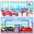 Car center, people customer buyer choosing automobile in store. Test drive of auto, auto showroom