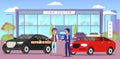 Car center, people customer buyer choosing automobile in store. Test drive of auto, auto showroom