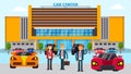 Car center vector illustration, different cars and people manager seller and buyers. Royalty Free Stock Photo