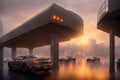 Car at the charging station, futuristic city at sunset. Generative AI Royalty Free Stock Photo