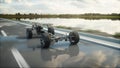 Car chassis with engine on highway. Very fast driving. Auto concept. 3d rendering.