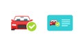 Car check safety inspection tick icon or auto vehicle success testing checkmark list flat graphic illustration, red automobile