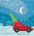 Car with christmas gift box and a Christmas tree Royalty Free Stock Photo