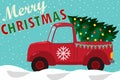 Red vintage pickup truck with decorated christmas tree. Greeting card. Winter Holiday Vintage Greeting Card. Royalty Free Stock Photo