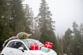 Car with Christmas tree decorated with presents Royalty Free Stock Photo