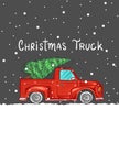 Car with a Christmas tree. Spruce in the luggage of the truck. Delivery concept. Vector illustration for label, badge Royalty Free Stock Photo