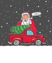 Car with a Christmas tree. Spruce in the luggage of the truck. Delivery concept. Vector illustration for label, badge Royalty Free Stock Photo