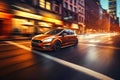 Car in city, motion blur, traffic light trails on urban street Royalty Free Stock Photo