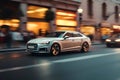 Car in city, motion blur, traffic light trails on urban street, cinematic Royalty Free Stock Photo