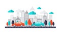 Car on city streets create by . Car running on the road through the town. Flat design illustration. Royalty Free Stock Photo