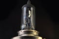 Car classic halogen bulb. Filament, glass and metal, high energy consumption. Black background. Close-up view. copy space. H4