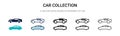 Car collection icon in filled, thin line, outline and stroke style. Vector illustration of two colored and black car collection Royalty Free Stock Photo