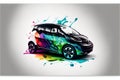 a car with a colorful paint splattered design on it\'s side and a white background with a white border around it and a gray