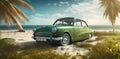 car vacation tropical travel vintage trip retro beach road summer. Generative AI. Royalty Free Stock Photo