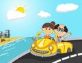 Car, a couple old passengers with beach background cartoon