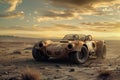 A car covered in dirt and sitting on uneven ground, highlighting the rugged and unkempt surroundings, A sports car set in a post-