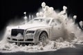 Car covered with snow in the rain. 3D illustration. Studio shot. auto car wash with white soap, and foam on the, AI Generated