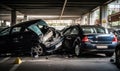 Car crash accident in the parking lot. Two vehicles badly injured by the smash-up. Generative AI Royalty Free Stock Photo