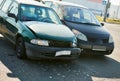 Car crash accident on street. damaged automobiles with triggered air bag Royalty Free Stock Photo