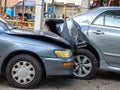 Car crash accident on street with wreck and damaged automobiles. Accident caused by negligence And lack of ability to drive. Due t Royalty Free Stock Photo