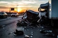 Car crash accident with TIR truck on road. Generative AI