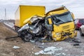 Car crash accident with TIR truck on road. Generative AI