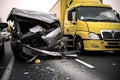 Car crash accident with TIR truck on road. Generative AI