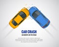 Car crash, car accident top view isolated on a light background. Car crash emergency disaster. Flat vector illustration.