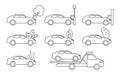 Car crash, accident of transport, line art icon set. Collision with an obstacle tree, lantern, wall. Frontal collision