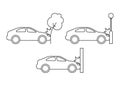 Car crash, accident of transport, line art icon set. Collision with an obstacle tree, lantern, wall. Frontal collision