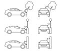 Car crash, accident of transport, line art icon set. Collision with an obstacle tree, lantern, wall. Frontal collision