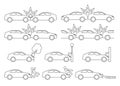 Car crash, accident of transport, line art icon set. Collision with an obstacle tree, lantern, wall, person. Knock down