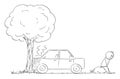 Car Crash Accident into Tree, Frustrated and Depressed Driver Is Waiting for Assistance, Vector Cartoon Stick Figure