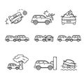 Car crash and accidents. Thin line art icons set