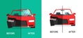 Car before crash damage and after repairing vector flat cartoon, broken automobile accident collision and auto repaired