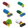 Car crash, emergency disaster. Auto accident involving car crash city street. Flat 3d vector isometric illustration