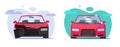 Car before after crash flat vector icon or vehicle broken and repaired after wreck accident, auto refurbished restored and rebuild Royalty Free Stock Photo