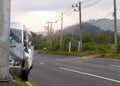 Car crash. Front of Van crash with electric pole  have damaged and broken by accident on traffic road Royalty Free Stock Photo