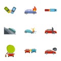 Car crash icons set, cartoon style