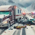 car crash, illustration of a traffic accident in winter and snow 3 Royalty Free Stock Photo