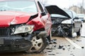 Car crash road accident insurance pay wreck broken vehicle traffic jam collision damaged auto bumper danger emergency Royalty Free Stock Photo