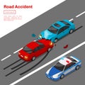 Car crash. Road accident isometrics vector illustration