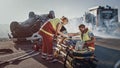 On the Car Crash Traffic Accident Scene: Paramedics Saving Life of a Little Girl Lying on Stretche Royalty Free Stock Photo