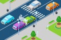 Car crash, vector isometric 3D illustration. Accident in front of crosswalk. Safety traffic, road insurance concept Royalty Free Stock Photo